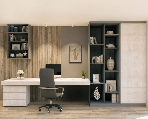 Modern Home Office Picture of a modern home office. Render image. small office interior stock pictures, royalty-free photos & images