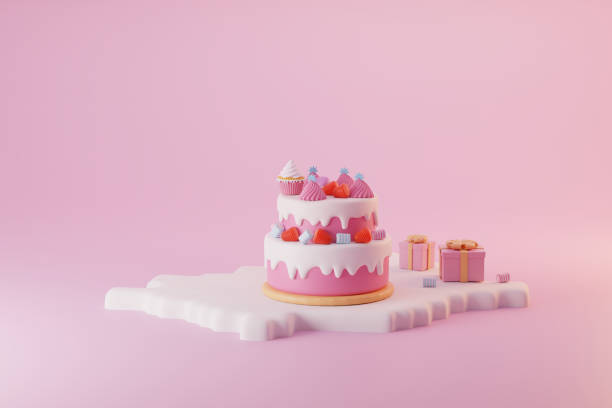 istock Minimal pink cake with white icing, cute marshmallow, red strawberry and small gift box for valentine day arrival   3d illustration 1358436003