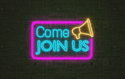 come join us neon light sign , glowing come join us with brick background