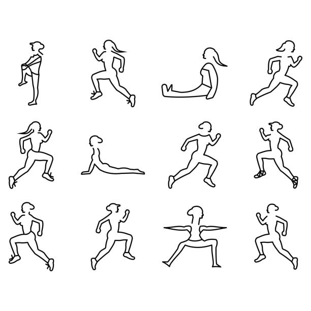 ilustrações, clipart, desenhos animados e ícones de conjunto de mulheres em várias poses de yoga esticando. ilustração de estoque de vetores - white background yoga backgrounds relaxation exercise