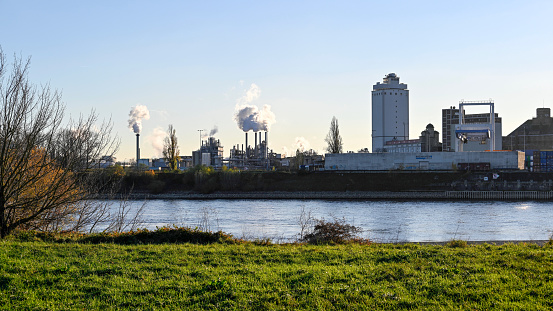 Krefeld, Germany, November 22, 2021 - Chemical industry at the rhine harbour in Krefeld Linn - seen from Duisburg Muendelheim
