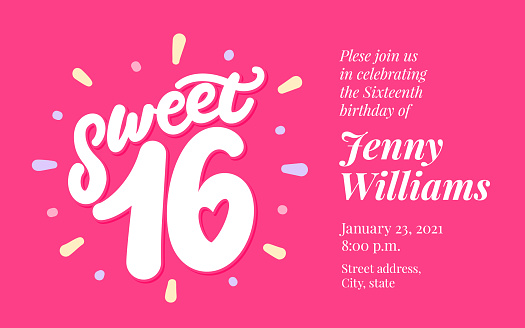 Sweet 16. Sweet sixteen. 16th birthday. Vector invitation template. Vector illustration.