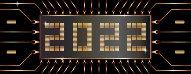 Motherboard with a processor on a black background. Microcircuit with golden elements and the inscription 2022. Banner for the site New Year. Engineering technology of the computer industry.Steam punk stock photo