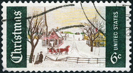 Postage stamp printed in USA shows Winter Sunday in Norway Maine, Christmas Issue, 1969