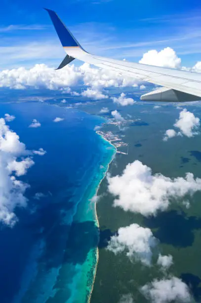 Caribbean Shoreline view from window airplane, Punta Cana, Dominican Republic. November 14, 2021
