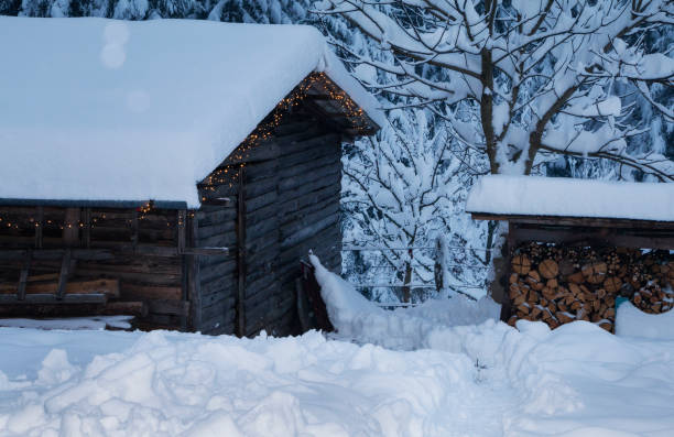 сельский дом с лампами зимой - shed cottage hut barn стоковые фото и изображения