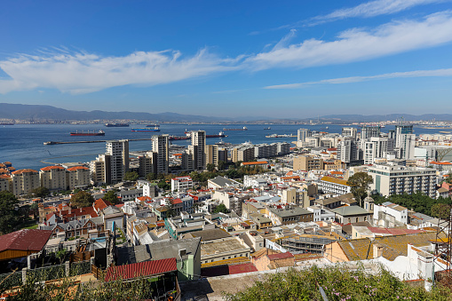 Scenic view of Gibraltar city and bay on southern part of Iberian peninsula, Spain on the horizon.
