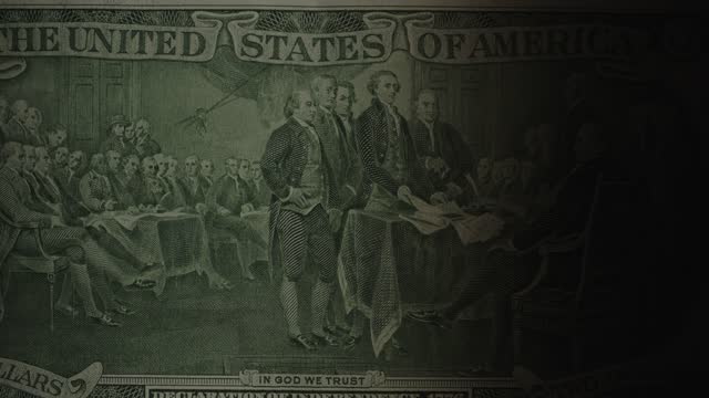 Signing declaration of independence at 4 of July 1776 on US two dollar bill