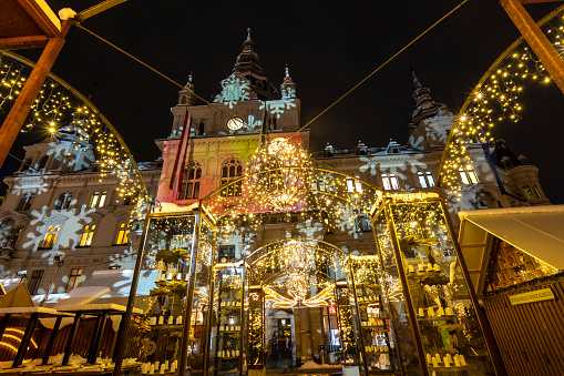 Graz, Styria,Austria - December 09, 2021: Christmas lighting on townhall  (Rathaus) on the main square graz, austria.