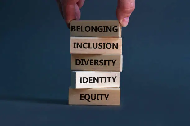 Equity, identity, diversity, inclusion, belonging symbol. Wooden blocks with words identity, equity, diversity, inclusion, belonging on beautiful orange background. Inclusion, belonging concept.