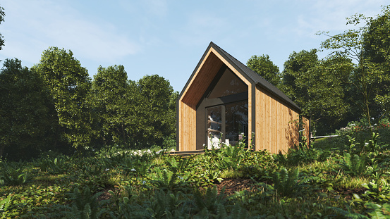 Modern Scandinavian style wooden tiny house in forest. A new form of living philosophy to reduce ecological footprint.