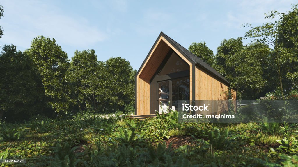 Modern Tiny House Exterior Modern Scandinavian style wooden tiny house in forest. A new form of living philosophy to reduce ecological footprint. House Stock Photo