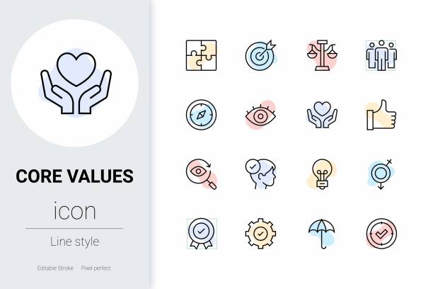 Core Values, thin line vector icon set. Core Values, thin line vector icon set. Pixel perfect. Editable outline stroke. simple living stock illustrations