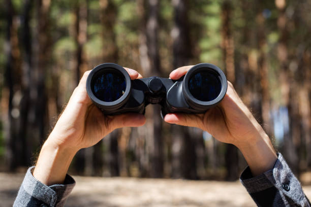 istock Man holds binoculars against the background of the forest 1358466000