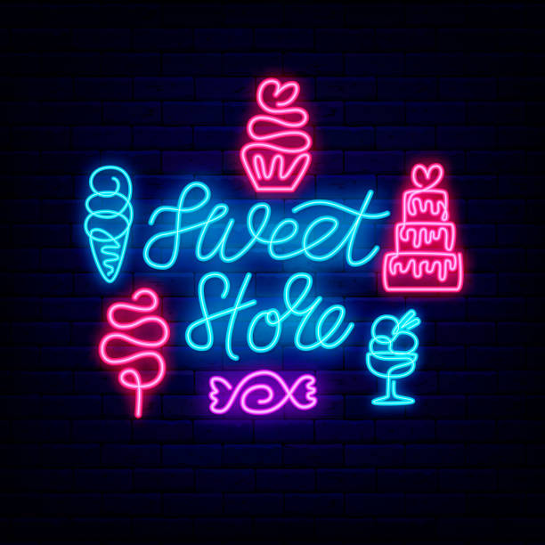 istock Candy shop neon lettering signboard with icons. One line drawing sweets. Ice cream. Wedding cake. Vector illustration 1358467133