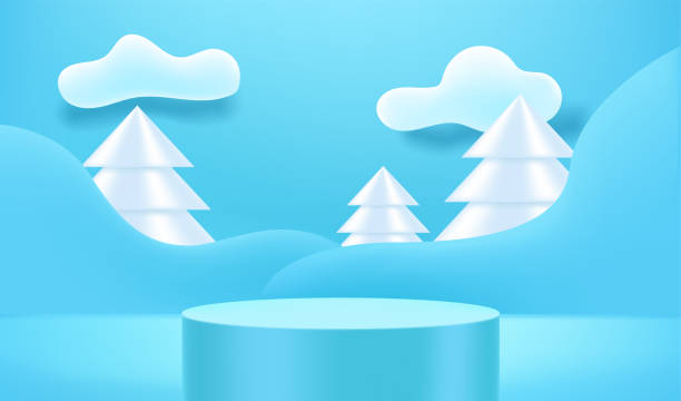 illustrazioni stock, clip art, cartoni animati e icone di tendenza di interno vuoto con pini e nuvole. vetrina vettoriale 3d per oggetti - curbstone