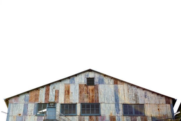 Old corrugated iron shed, top part, white background with copy space, full frame horizontal composition