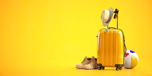 Yellow suitcase with boots, hat and sun glasses on yellow background. Travel and tourism concept, 3d illustration