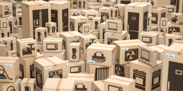 istock cardboard boxes with household kitchen appliances and home technics. E-commerce, internet online shopping and delivery concept. 1358471394