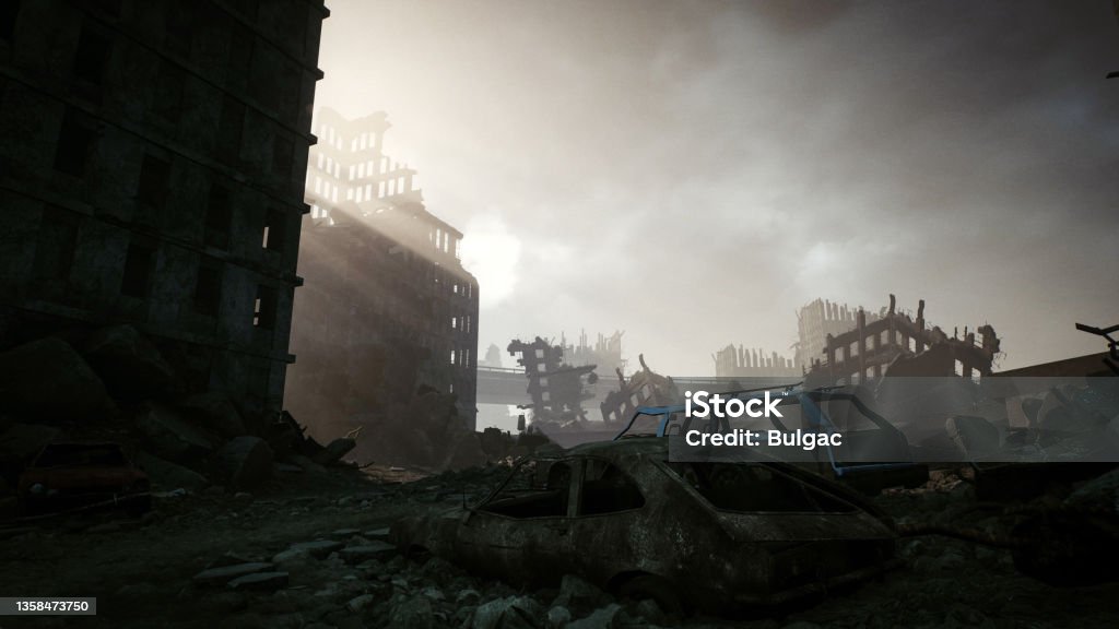 Judgment Day Digitally generated post apocalyptic scene depicting a desolate urban landscape with tall buildings in ruins and mostly cloudy sky. City Stock Photo
