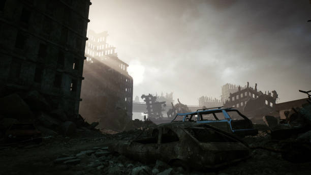 Judgment Day Digitally generated post apocalyptic scene depicting a desolate urban landscape with tall buildings in ruins and mostly cloudy sky. apocalypse stock pictures, royalty-free photos & images