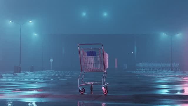 rotation of illuminated shopping trolley at abandoned foggy parking space