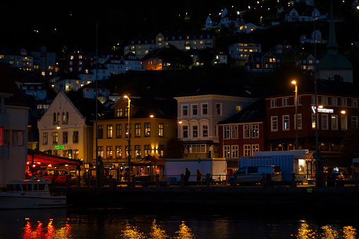 Bergen, Norway - CIRCA, September 2021: Night life in Bergen city