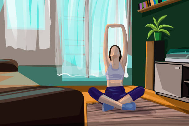 Yoga at home Illustration of a young woman doing Yoga in the living room meditation room stock illustrations