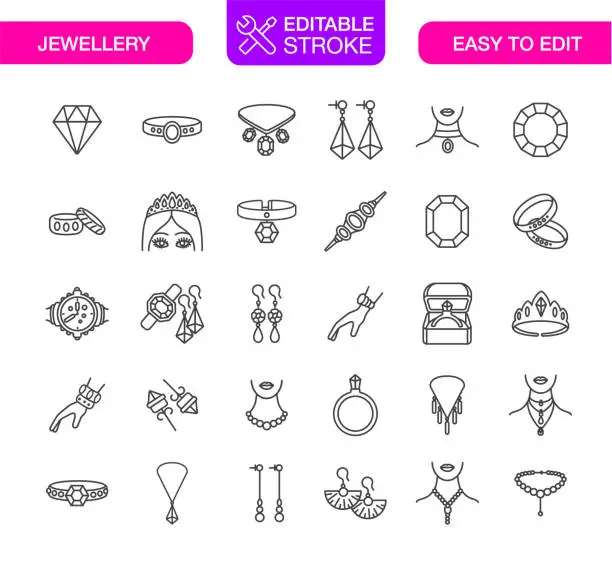 Vector illustration of Jewelry Line Icons Set Editable Stroke