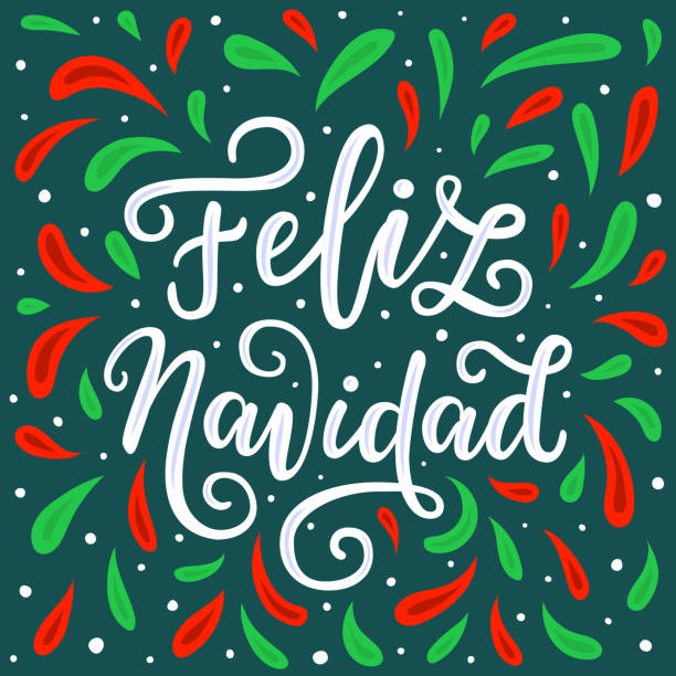 счастливого рождества нарисованная от руки надпись на испанском языке на зеленом красном богато украшенном красочном фоне. дизайн поздрав - navidad stock illustrations