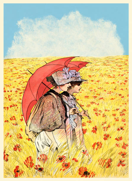 ilustrações de stock, clip art, desenhos animados e ícones de two women walking in wheat field with corn poppy flowers art nouveau 1897 - women victorian style retro revival art nouveau
