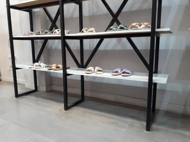 istock Women's shoe racks in shops and boutiques 1358490735