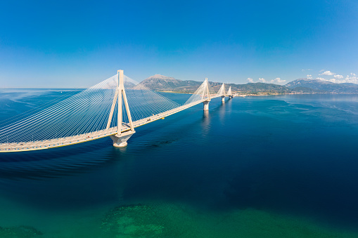 Panoramic aerial view Bridge Rion-Antirion. The bridge connecting the cities of Patras and Antirrio, Greece