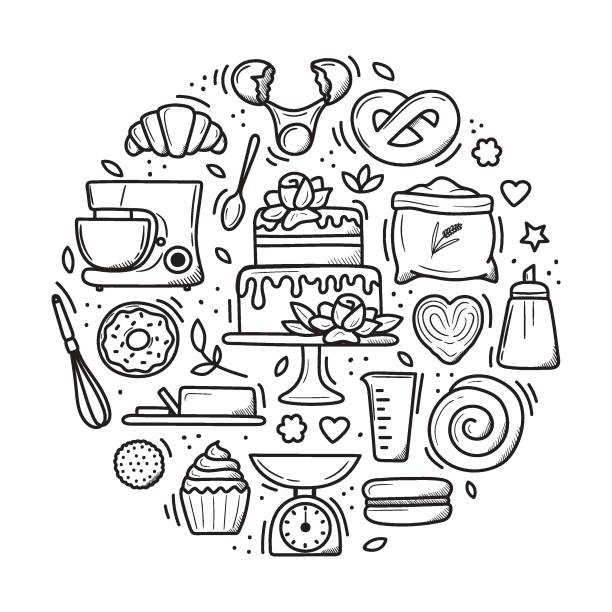 ilustrações, clipart, desenhos animados e ícones de banner de cozimento. ferramentas de cozinha desenhadas à mão e assados com sobremesas. ilustração vetorial em contorno branco e em fundo escuro. - baker california