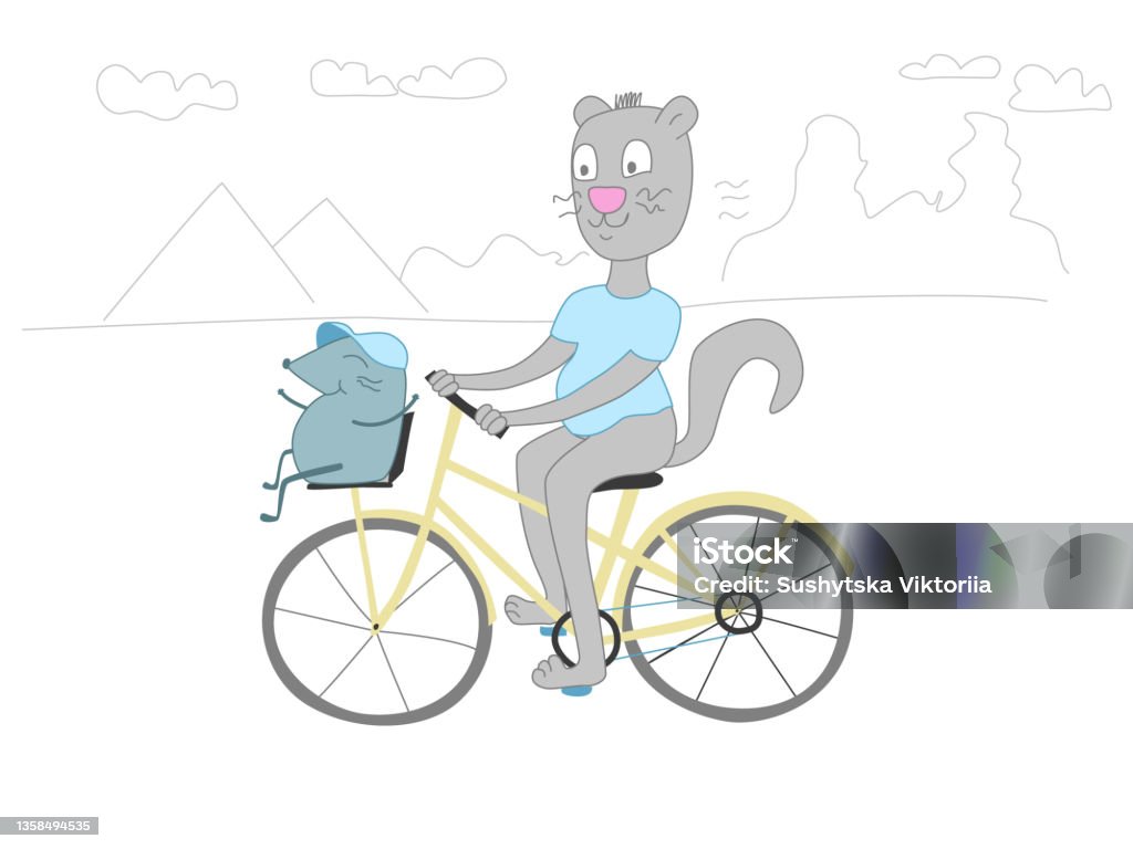 Ilustración de Cat Monta Una Bicicleta De Dibujos Animados Vector De Cómic  Cómic El Gato Lleva Un Ratón En Una Bicicleta Diversión De Verano De Amigos  En La Naturaleza Viajes De Animales