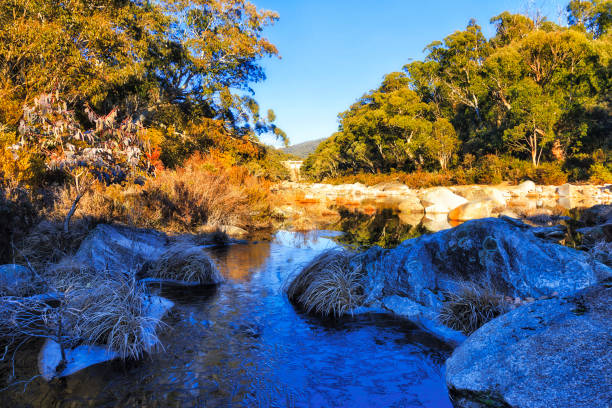 Extreme terrain and cold winter weather on the Snowy River in the Snowy mountains of Australia down from Guthega hydro dam.