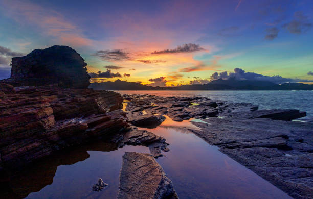 Tropical landscape of Guadalupe in the French Caribbean in the summer at sunset with low clouds in the sky over the sea.