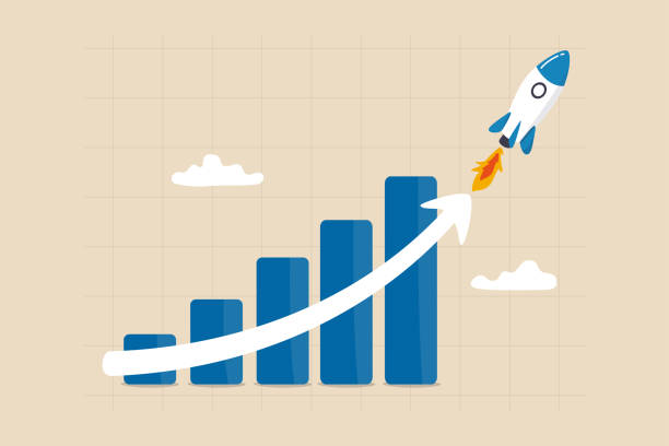 exponentielles wachstum oder zinseszins, investitionen, vermögen oder steigendes einkommen grafik, geschäftsumsatz oder gewinnsteigerungskonzept, finanzberichtsdiagramm mit exponentiellem pfeil von fliegender rakete. - performance improvement graph growth stock-grafiken, -clipart, -cartoons und -symbole