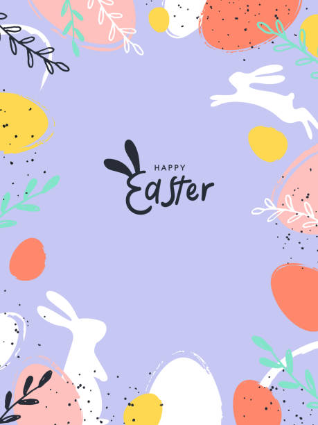 stockillustraties, clipart, cartoons en iconen met happy easter greeting card, poster, holiday cover, sale banner. trendy design with typography, hand painted plants, dots, eggs and bunny, in pastel colors on light violet. - pasen