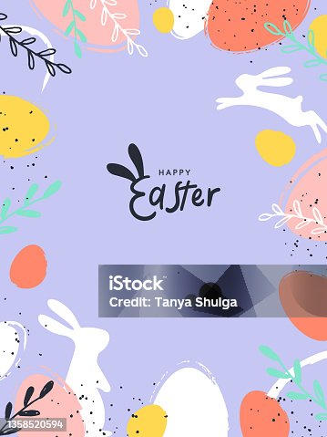 istock Happy Easter greeting card, poster, holiday cover, sale banner. Trendy design with typography, hand painted plants, dots, eggs and bunny, in pastel colors on light violet. 1358520594