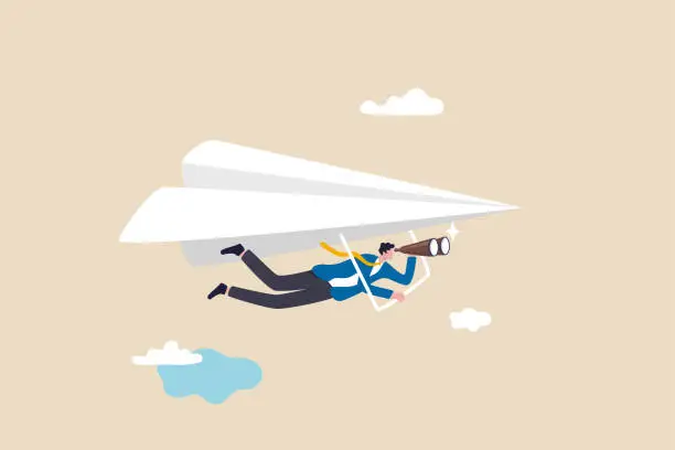 Vector illustration of Career opportunity, investment or business vision, future forecast or discover new idea and inspiration concept, businessman flying paper airplane origami as glider with binoculars to see opportunity.