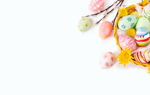 feliz páscoa! cesta de páscoa com flores e ovos isolados em fundo branco. - easter basket eggs yellow - fotografias e filmes do acervo