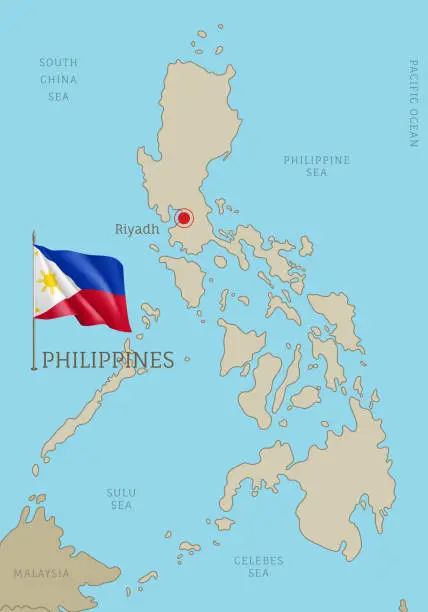 Vector illustration of Highly detailed Philippine map with flag and labelings