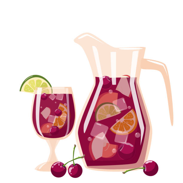 Cherry sangria drink from Spain A glass with a jug of fruit alcoholic drink with ice, lime and cherry. Sangria is a traditional Spanish drink. Vector illustration isolated on a white background sangria stock illustrations