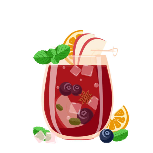 Sangria is a traditional Spanish drink Fruit alcoholic drink with ice in a glass. Sangria is a traditional Spanish drink. Vector illustration isolated on a white background punch drink stock illustrations