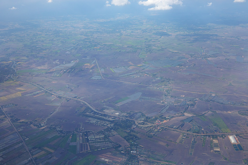 Aerial morning view of landscaped land and fields in area of Phitsanulok - Sukothai