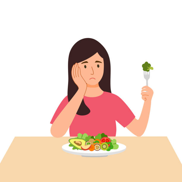 Woman Feel Not Hungry Concept Vector Illustration On White Background  Female Unable To Eat Stock Illustration - Download Image Now - iStock