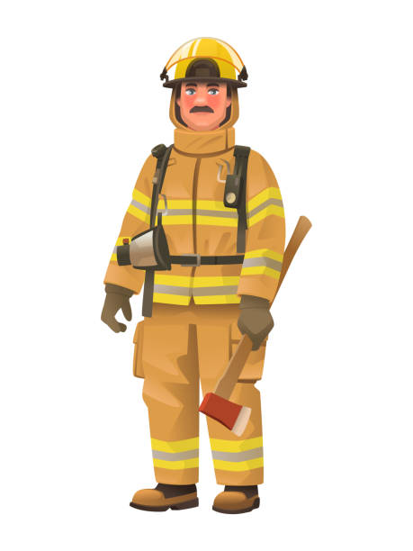 ilustraciones, imágenes clip art, dibujos animados e iconos de stock de hombre de bombero con uniforme protector y casco sosteniendo un hacha en la mano. bombero de cuerpo entero con equipo - fire department heroes portrait occupation