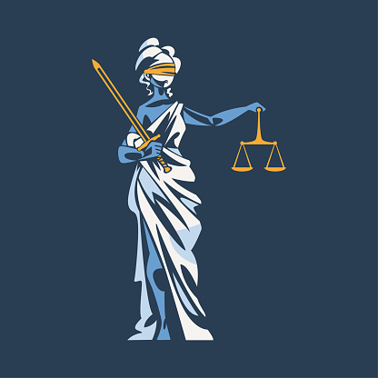 Themis as Ancient Greek Goddess and Lady Justice with Blindfold Holding Scales and Sword Vector Illustration. Personification of Divine Law and Order Concept