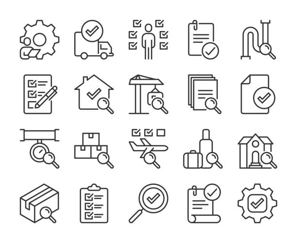 ilustraciones, imágenes clip art, dibujos animados e iconos de stock de conjunto de iconos de línea experiencia en inspección. trazo editable. - examining built structure house industrial